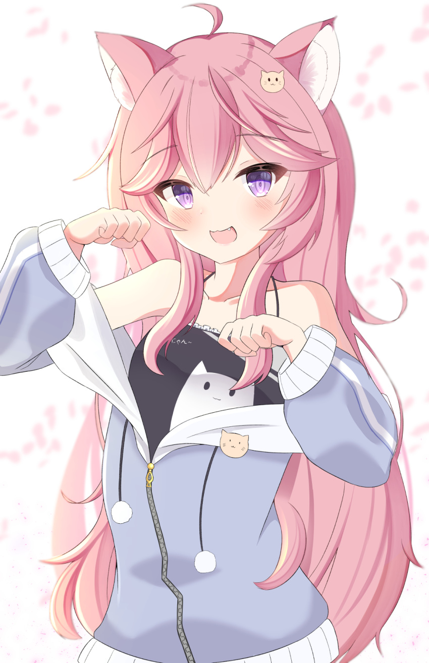 1girl, :3, animal_ears, badge, bare_shoulders, blush, cat_ears, copyright_request