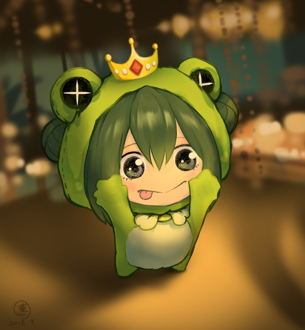 +_+, 1girl, :p, animal_costume, asui_tsuyu, black_eyes, black_hair, blurry