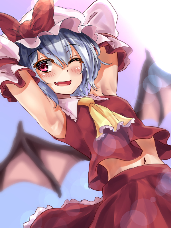 1girl, :d, armpits, arms_behind_head, arms_up, ascot, bangs, bat_wings