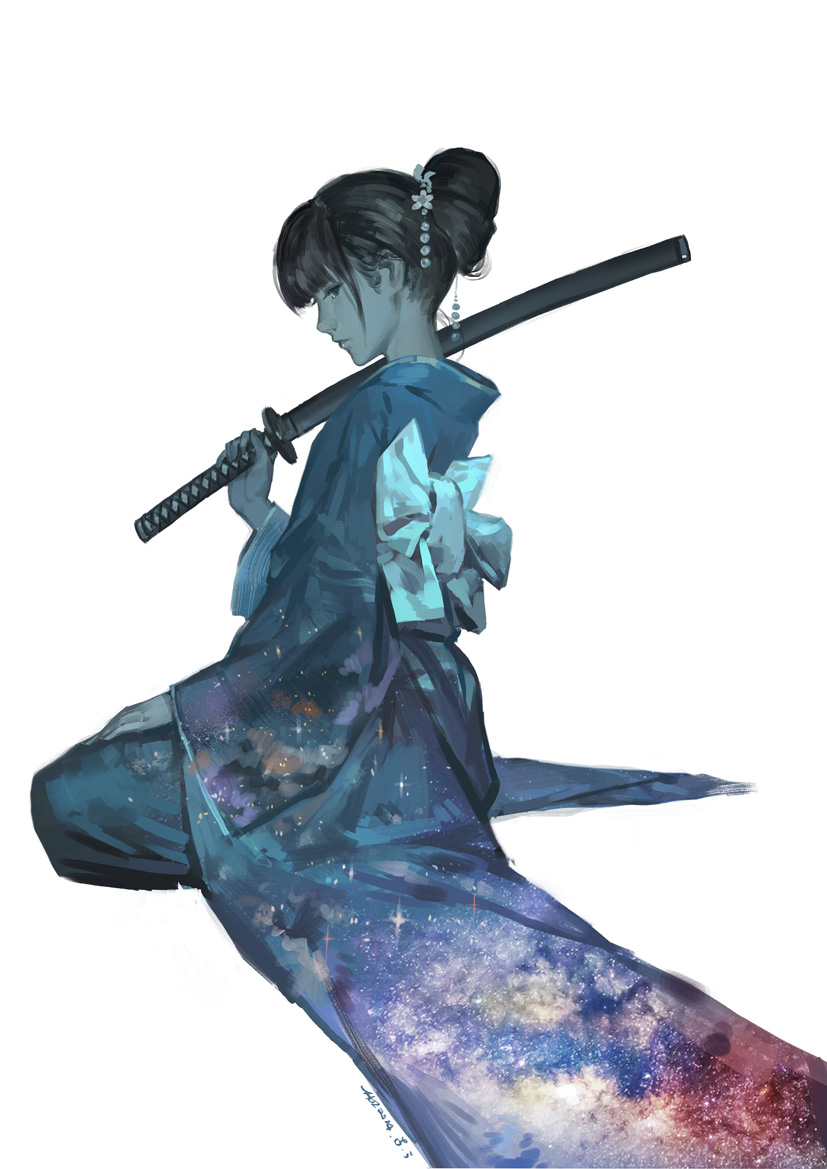 1girl, black_hair, di_qiu_wang_shi, galaxy, hjl, holding, holding_sword, holding_weapon, looking_back, over_shoulder, sitting, solo, sword, tied_hair, weapon, white_background