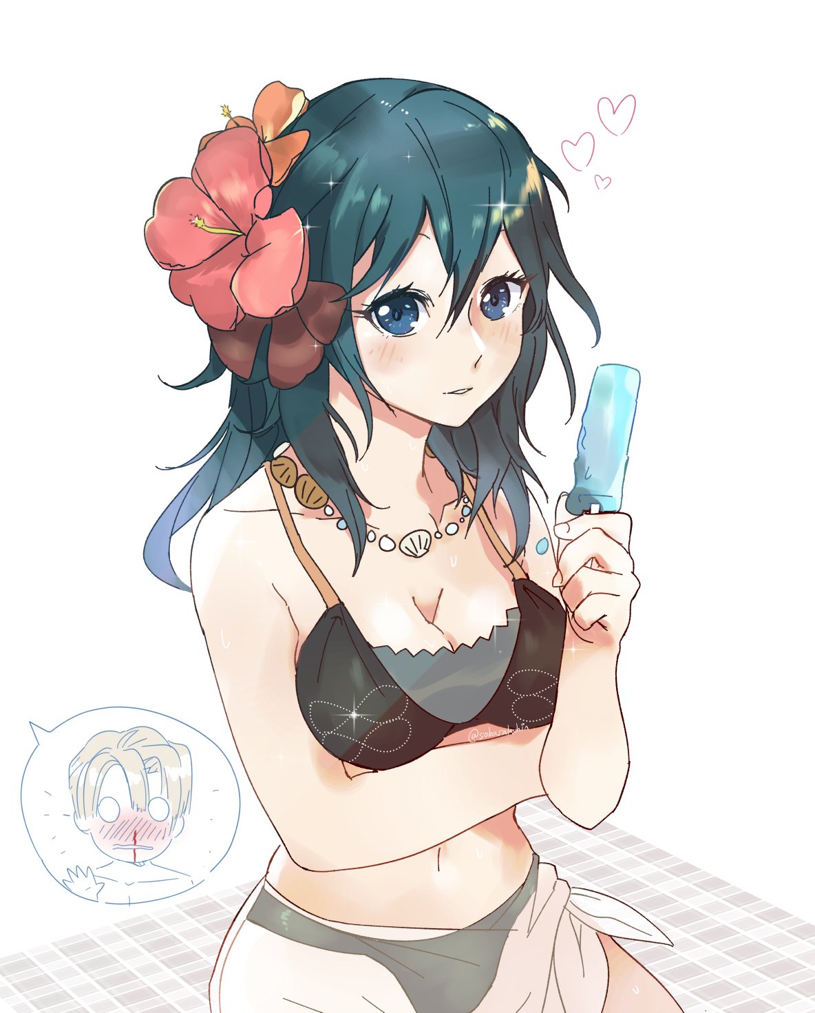 1boy, 1girl, artist_name, beach_towel, bikini, black_bikini, blonde_hair, blue_eyes