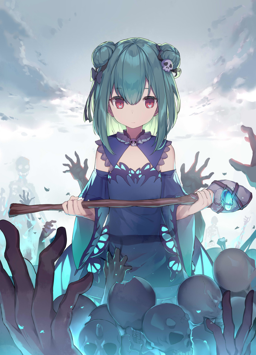 1girl, absurdres, animal_print, black_ribbon, blue_dress, bob_cut, brooch, butterfly_in_eye, butterfly_print, closed_mouth, clouds, cloudy_sky, cowboy_shot, detached_sleeves, double_bun, dress, green_hair, hair_ornament, hair_ribbon, highres, hololive, jewelry, looking_at_viewer, necromancer, red_eyes, ribbon, short_hair, skeleton, skull_hair_ornament, sky, solo, uruha_rushia, virtual_youtuber, wawazi, weapon, wide_sleeves