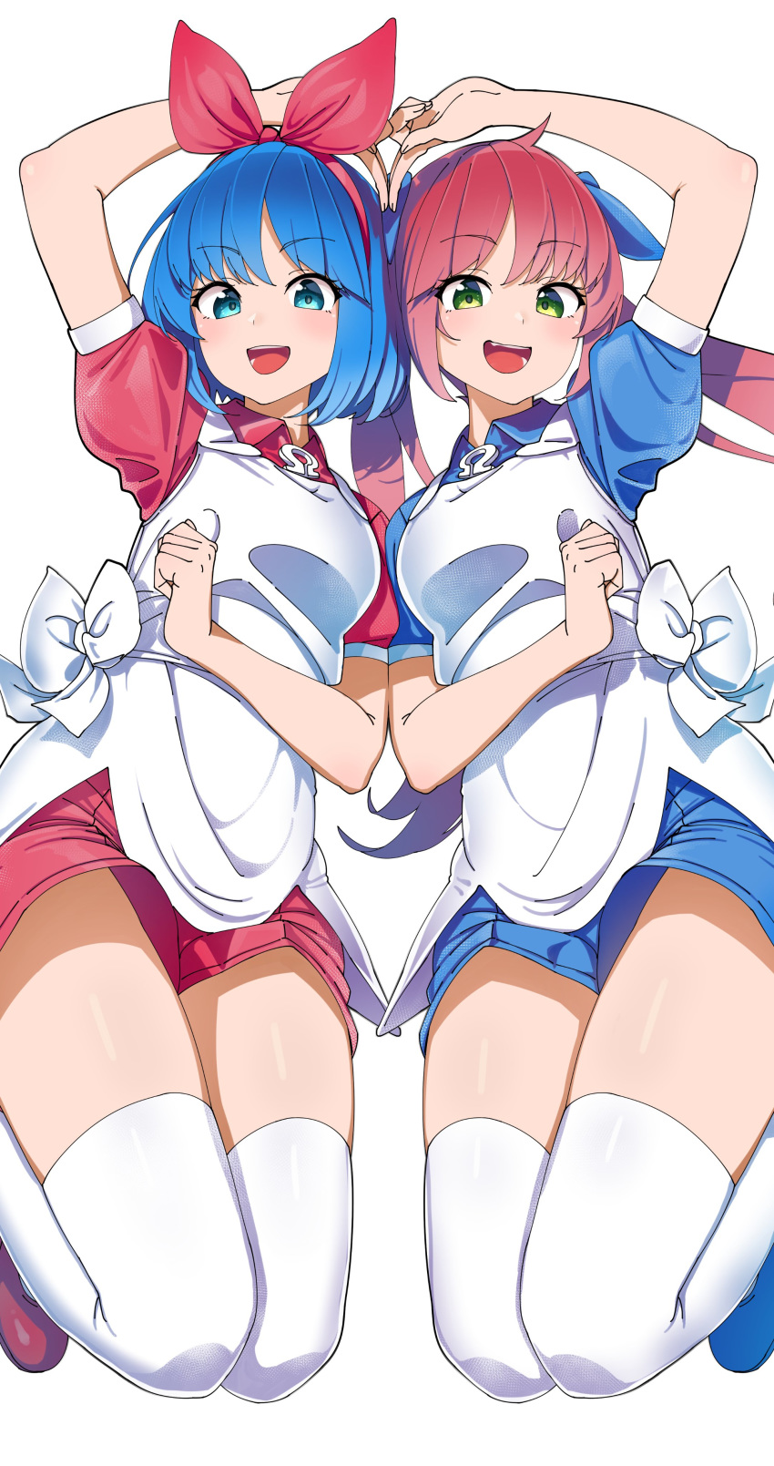 2girls, absurdres, arm_up, bangs, blue_eyes, blue_hair, blue_ribbon, blue_shirt