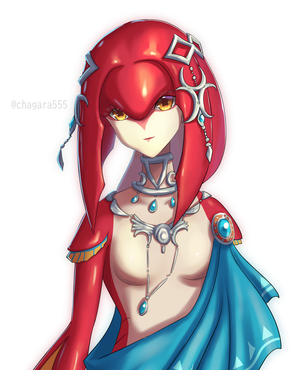 1girl, breasts, chagara, closed_mouth, fins, fish_girl, highres, jewelry