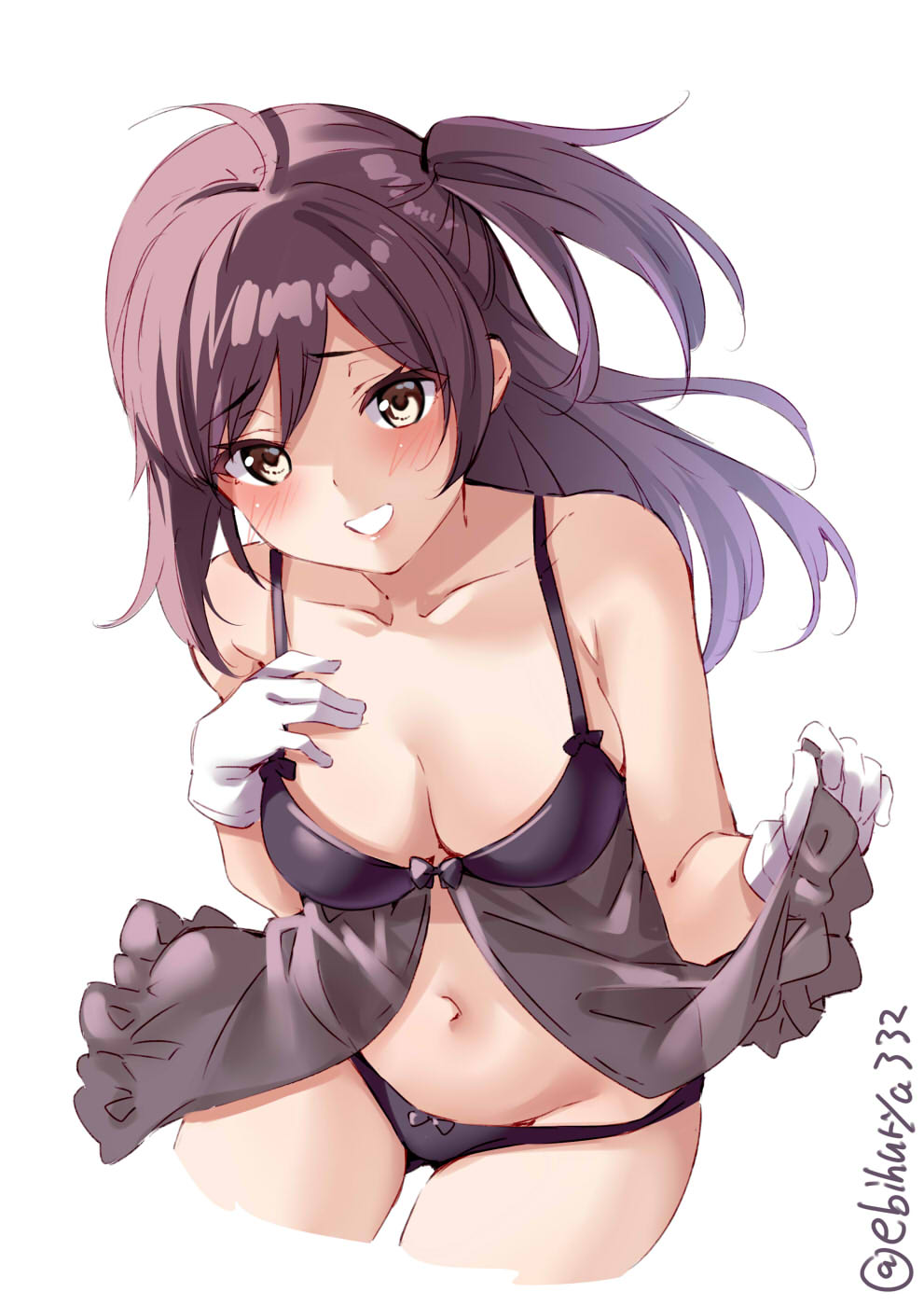1girl, ahoge, black_panties, blush, cropped_legs, ebifurya, eyebrows_visible_through_hair, hagikaze_(kantai_collection)