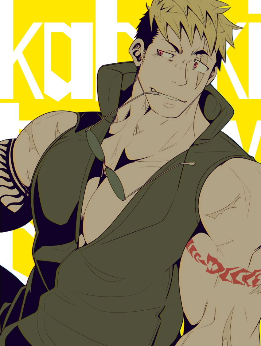 1boy, bara, bare_shoulders, black_hair, blonde_hair, character_name, character_request, chest