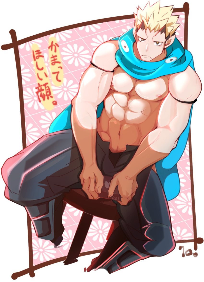 1boy, abs, bara, black_eyes, black_hair, blonde_hair, blue_scarf, blush