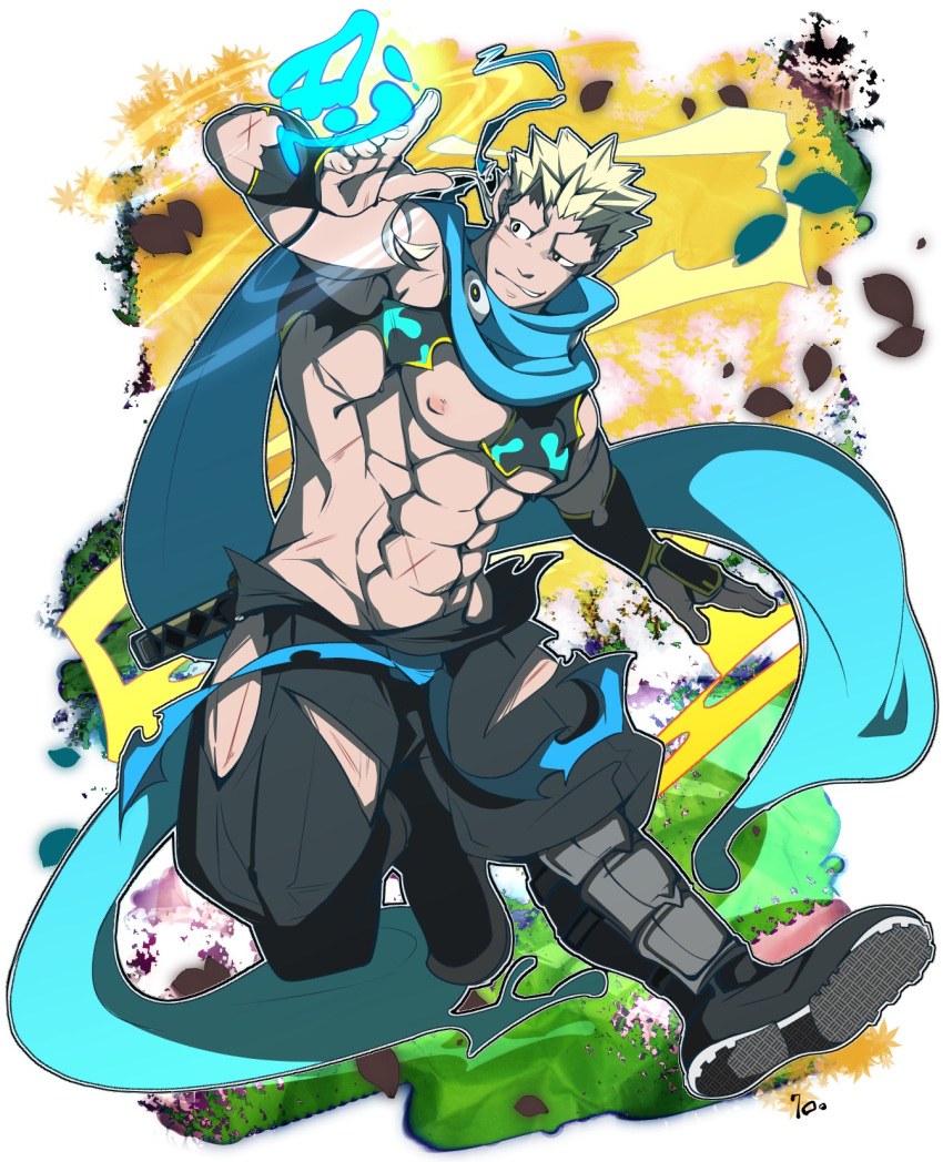 1boy, abs, bara, black_eyes, black_hair, blonde_hair, blue_scarf, bruise