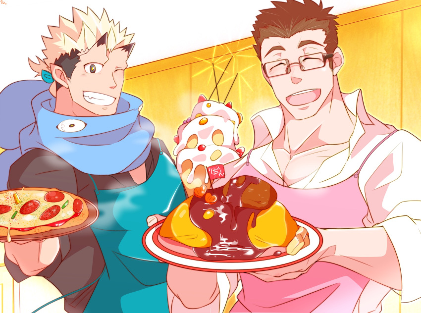 2boys, ^_^, alternate_costume, apron, bara, black_eyes, black_hair, blonde_hair