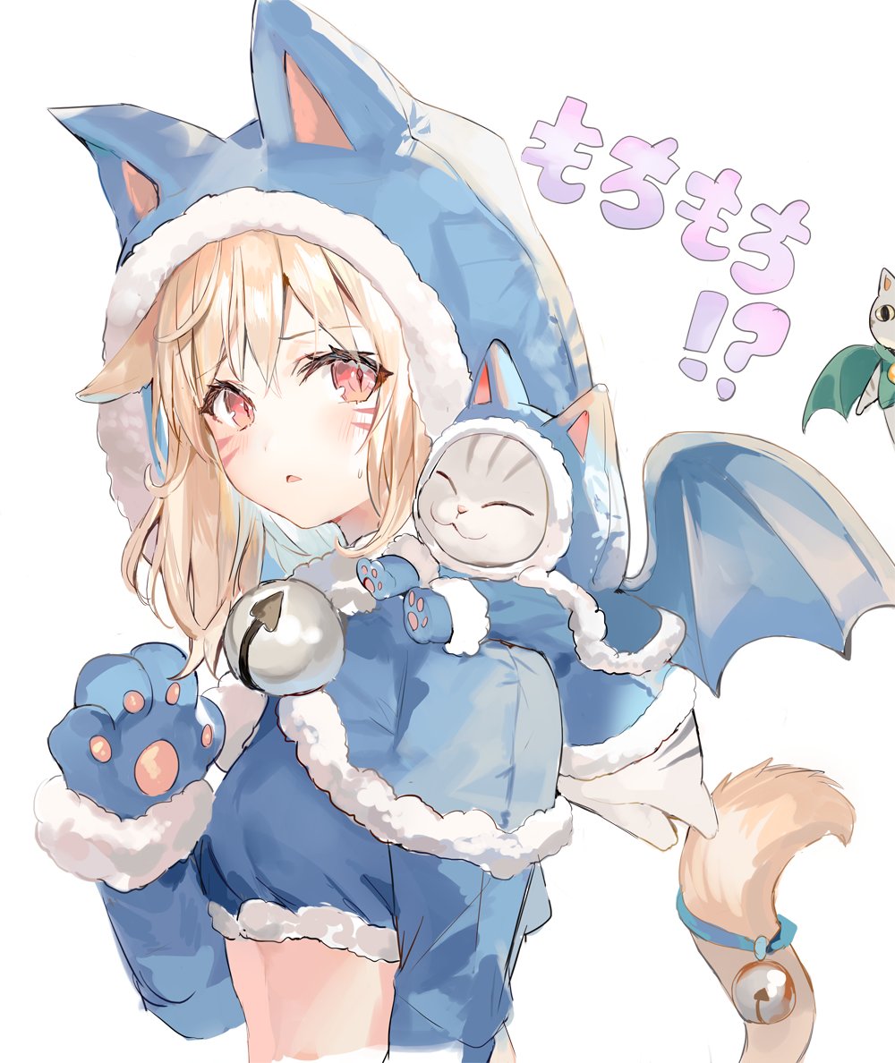 1girl, animal_ears, animal_hood, bangs, bell, blonde_hair, blush, capelet, cat_ears, cat_tail, crop_top, eyebrows_visible_through_hair, final_fantasy, final_fantasy_xiv, gaelicat, gloves, hood, looking_at_viewer, miqo'te, momoko_(momopoco), paw_gloves, paws, red_eyes, slit_pupils, solo, tail, tail_bell, translation_request, upper_body, white_background