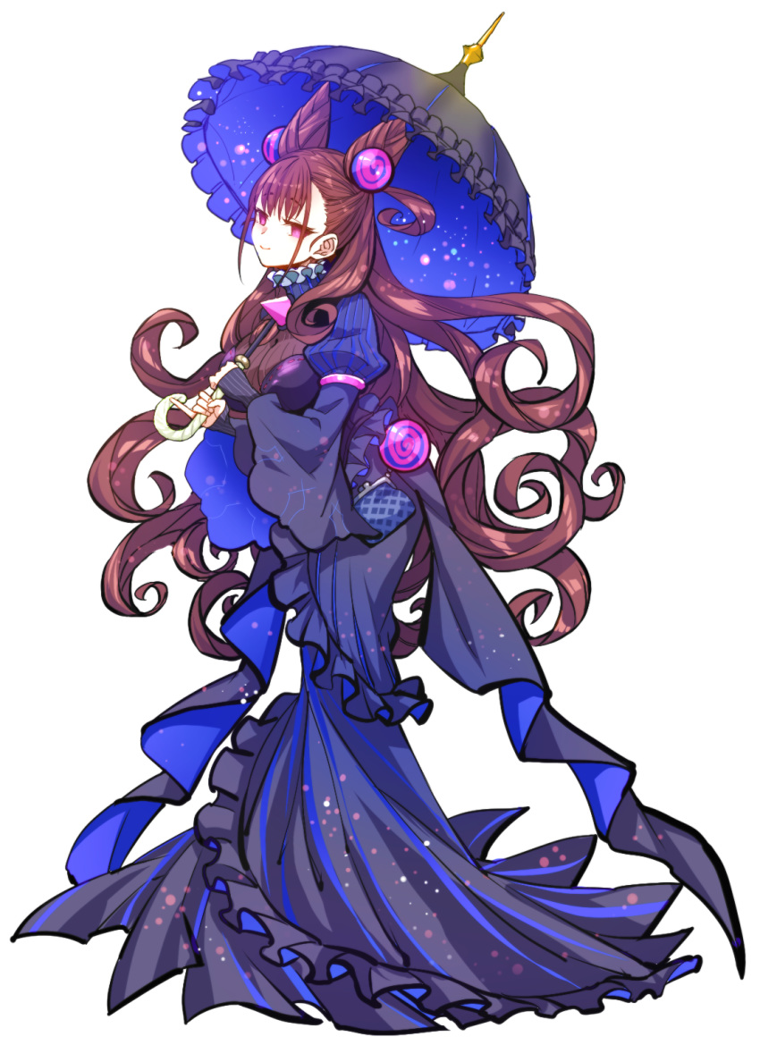1girl, black_dress, blue_umbrella, breasts, double_bun, dress, fate/grand_order, fate_(series)