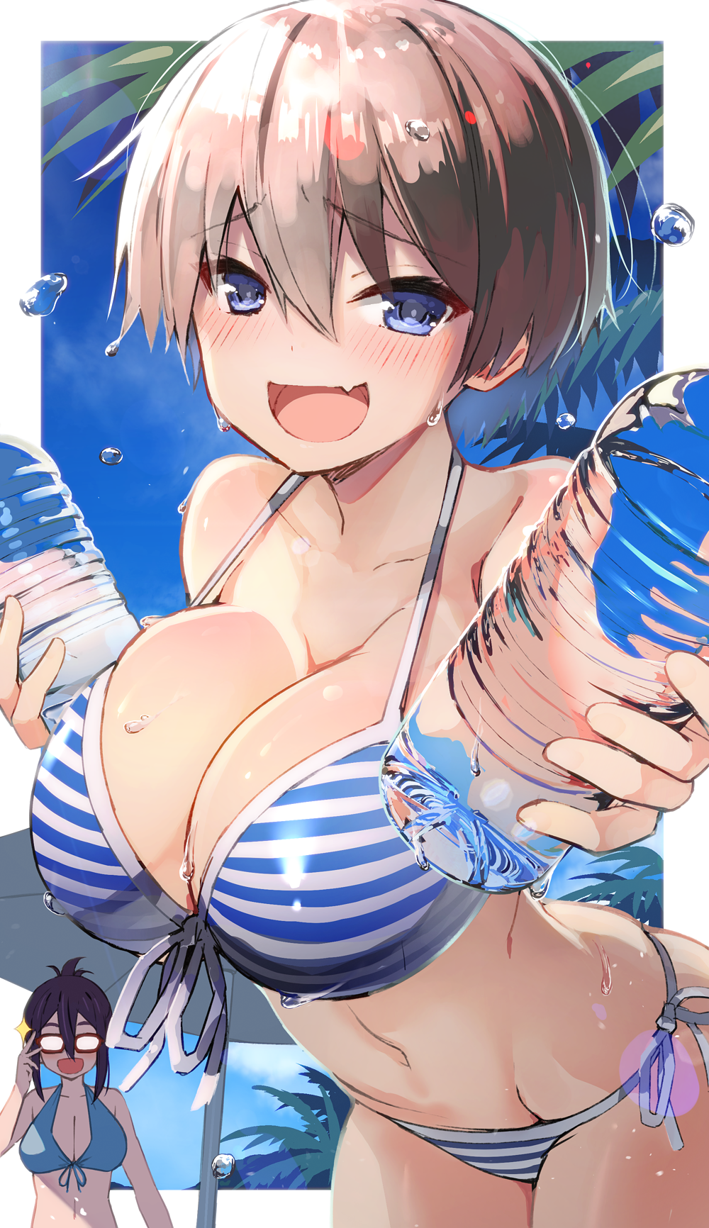2girls, :d, asai_ami, bikini, blue_bikini, blue_eyes, blue_sky, blush, bottle, breasts, brown_hair, collarbone, commentary_request, day, eyebrows_visible_through_hair, fang, glasses, hair_between_eyes, highres, holding, holding_bottle, large_breasts, looking_at_viewer, multiple_girls, navel, open_mouth, osa_(osaosa), parasol, short_hair, side-tie_bikini, skin_fang, sky, smile, striped, striped_bikini, swimsuit, thighs, umbrella, uzaki-chan_wa_asobitai!, uzaki_hana