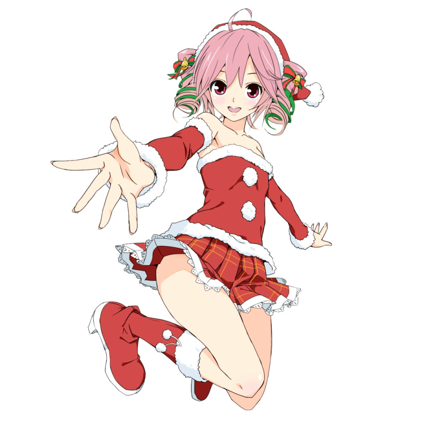 1girl, ahoge, armpits, bare_shoulders, bell, boots, collarless_shirt, commentary, detached_sleeves, drill_hair, foreshortening, frilled_skirt, frills, full_body, fur-trimmed_boots, fur-trimmed_headwear, fur-trimmed_sleeves, fur_trim, hair_bell, hair_ornament, hat, high_heel_boots, high_heels, kasane_teto, legs_up, looking_at_viewer, multicolored_hair, open_mouth, outstretched_arms, plaid, plaid_skirt, reaching_out, red_eyes, red_footwear, red_headwear, red_skirt, red_sleeves, redhead, ribbon, santa_costume, santa_dress, santa_hat, shirt, skirt, sleeveless, sleeveless_shirt, smile, solo, soukun_s, streaked_hair, twin_drills, utau, vocaloid_(lat-type_ver), white_background