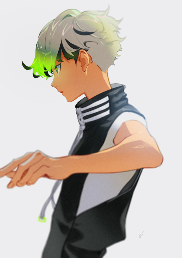 1boy, bare_arms, black_hair, blurry, dark_skin, dark_skinned_male, depth_of_field, drawstring, from_side, glowing, green_hair, grey_background, grey_hair, iwamoto_zerogo, looking_away, male_focus, multicolored_hair, original, outstretched_arm, parted_lips, profile, simple_background, sleeveless, solo, turtleneck, upper_body