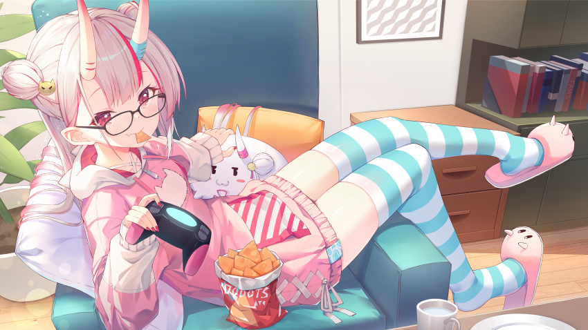 1girl, animal_print, bangs, beige_hoodie, blush, book, breasts, cat_hair_ornament