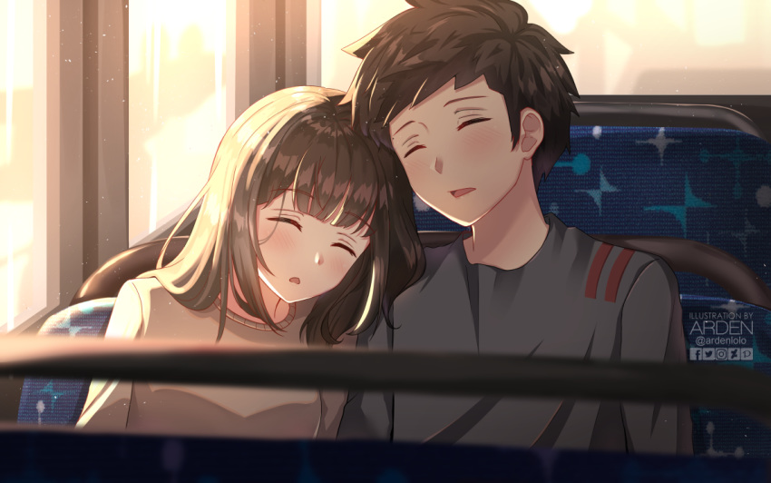 1boy, 1girl, ardenlolo, artist_name, brown_sweater, bus, closed_eyes, dust_particles