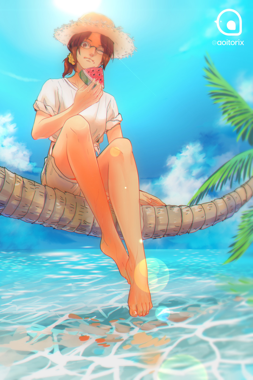 1girl, absurdres, aoitorix, arm_at_side, artist_name, bare_arms, bare_legs, barefoot