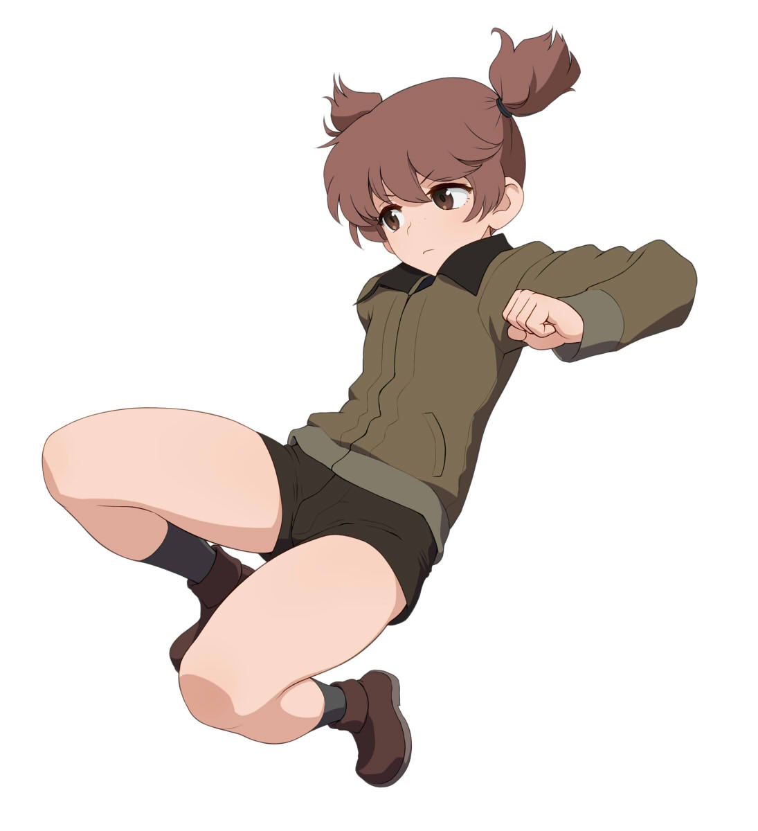 1girl, alisa_(girls_und_panzer), bangs, black_shorts, brown_eyes, brown_footwear, brown_hair, brown_jacket