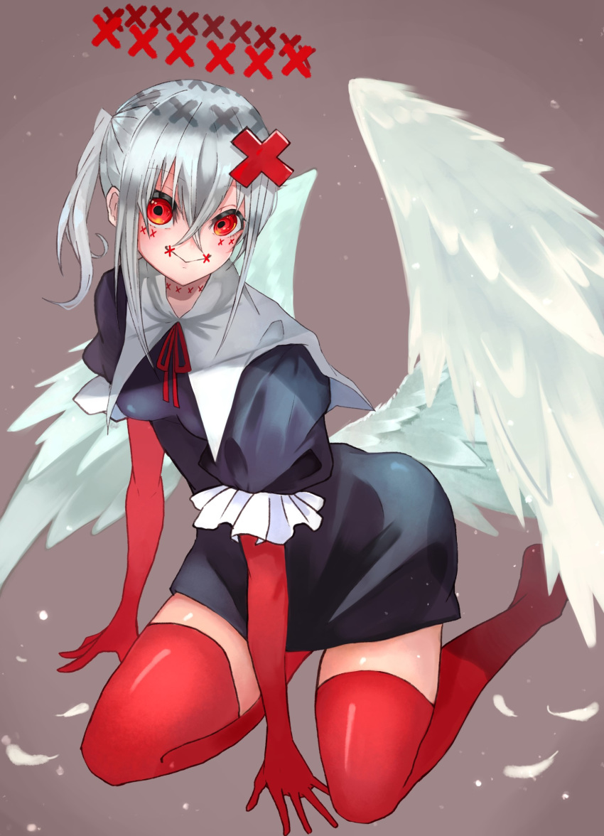 1girl, absurdres, angel, angel_wings, closed_mouth, elbow_gloves, eyebrows_visible_through_hair, feathered_wings, feathers, frills, gloves, green_hair, hair_between_eyes, hair_ornament, halo, haru_torimaru, highres, kneeling, medium_hair, original, puffy_sleeves, red_eyes, red_fur, red_gloves, red_legwear, red_neckwear, red_ribbon, ribbon, smile, stitched_mouth, stitches, white_feathers, wings, x, x_hair_ornament