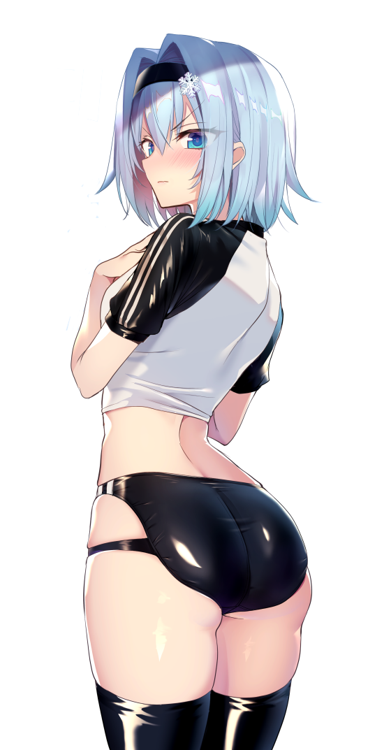 1girl, ass, bangs, black_hairband, black_legwear, blue_eyes, blush, buruma