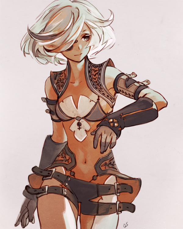 1girl, arm_guards, bare_shoulders, belt, breasts, cowboy_shot, dark_skin, eyepatch, gloves, grey_eyes, grey_gloves, grey_hair, hair_over_one_eye, highlights, iwamoto_zerogo, looking_away, looking_to_the_side, midriff, multicolored_hair, navel, one_eye_covered, original, revealing_clothes, short_hair, simple_background, single_glove, sleeveless, small_breasts, solo, streaked_hair, walking, white_hair