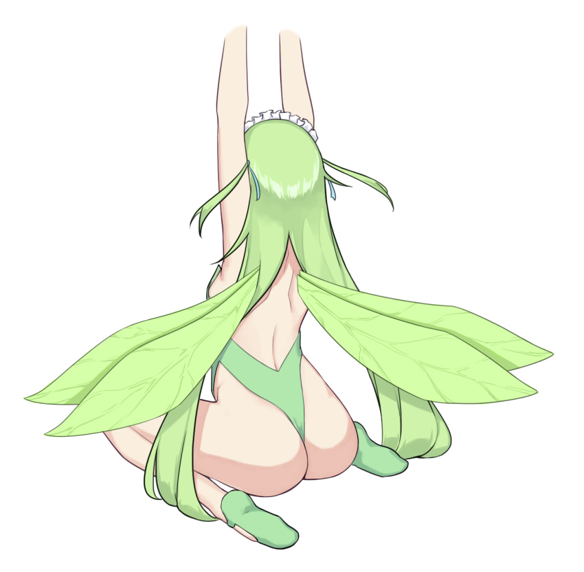 1girl, arms_up, ass, backless_outfit, bare_back, black_souls, fairy, fairy_wings