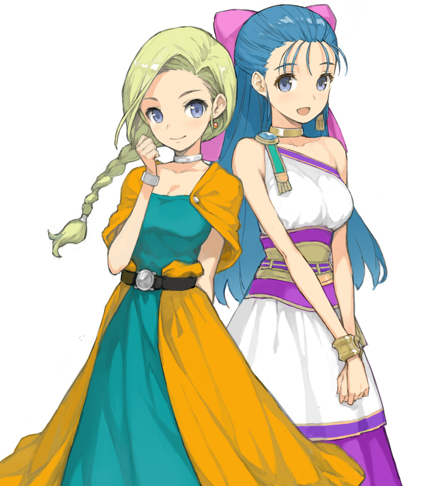 2girls, arm_behind_back, belt, bianca_(dq5), black_belt, blonde_hair, blue_eyes, blue_hair