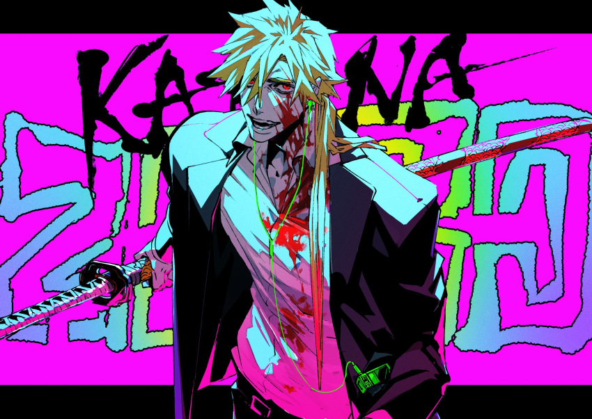 1boy, bangs, black_jacket, blonde_hair, blood, blood_on_face, bloody_clothes, cassette_player