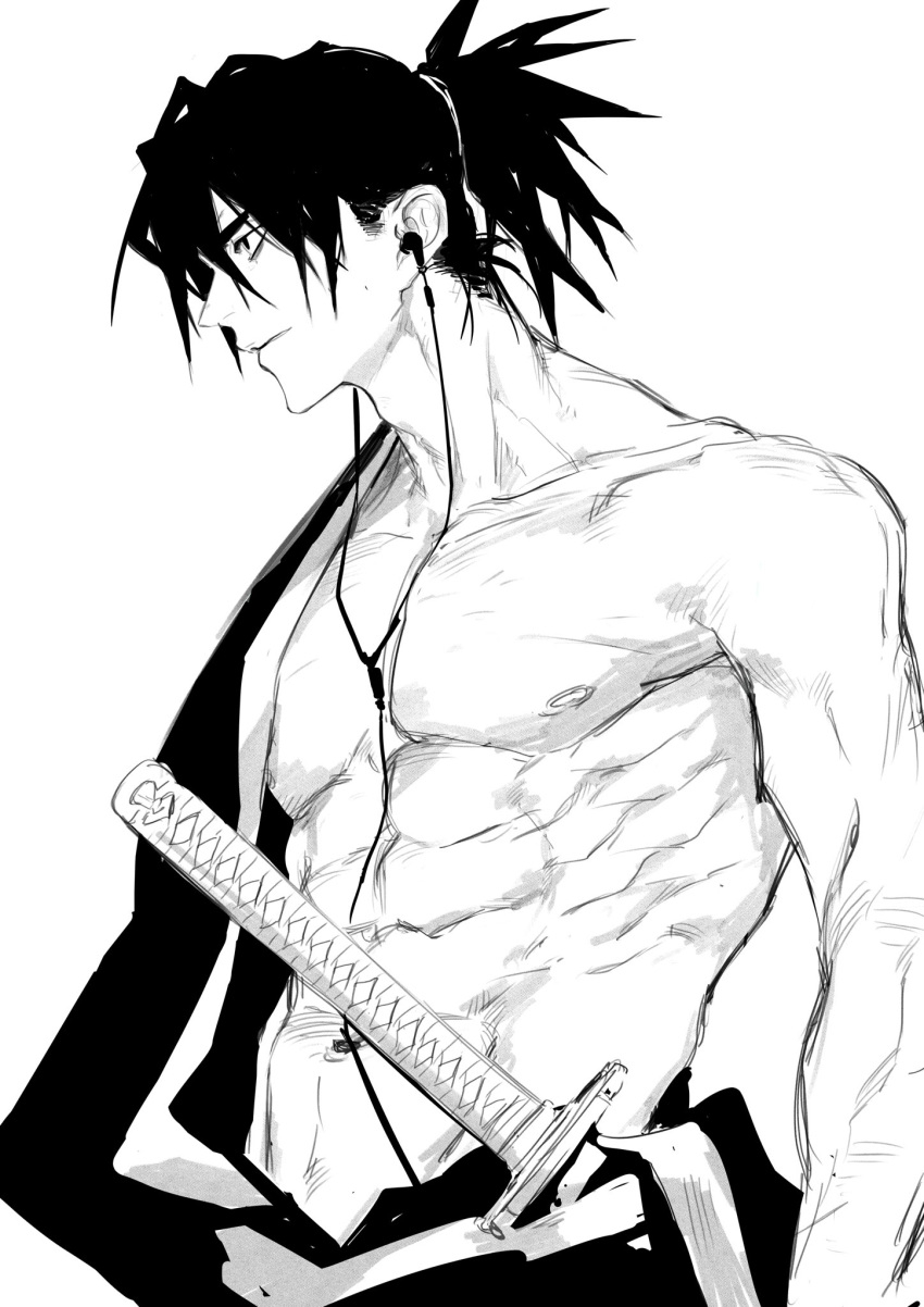 1boy, abs, bangs, bare_chest, bare_shoulders, closed_mouth, collarbone, earphones