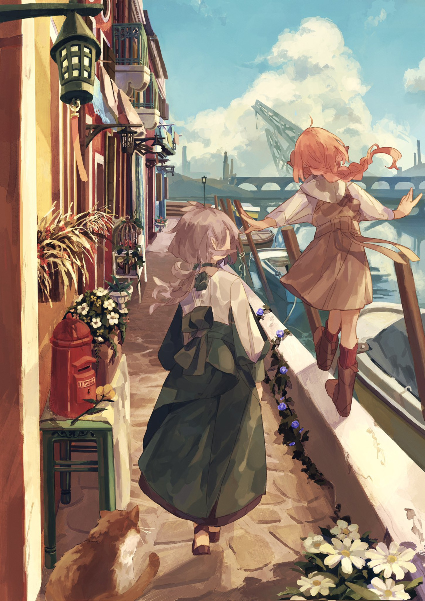 2girls, ahoge, balancing, boat, boots, braid, braided_ponytail, brown_dress, brown_footwear, cobblestone, dress, flower, from_behind, green_dress, highres, house, japanese_cylindrical_postbox, jetty, kneehighs, kurasaka, multiple_girls, original, outdoors, outstretched_arms, pink_hair, postbox_(outgoing_mail), red_legwear, rowboat, scenery, silver_hair, walking_on_railing, water, watercraft