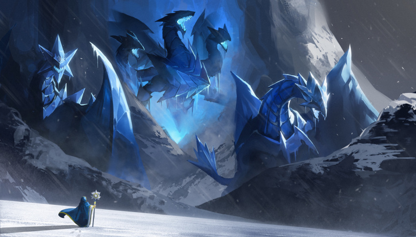 1boy, brionac_dragon_of_the_ice_barrier, cape, commentary_request, dragon, duel_monster, epic, gungnir_dragon_of_the_ice_barrier
