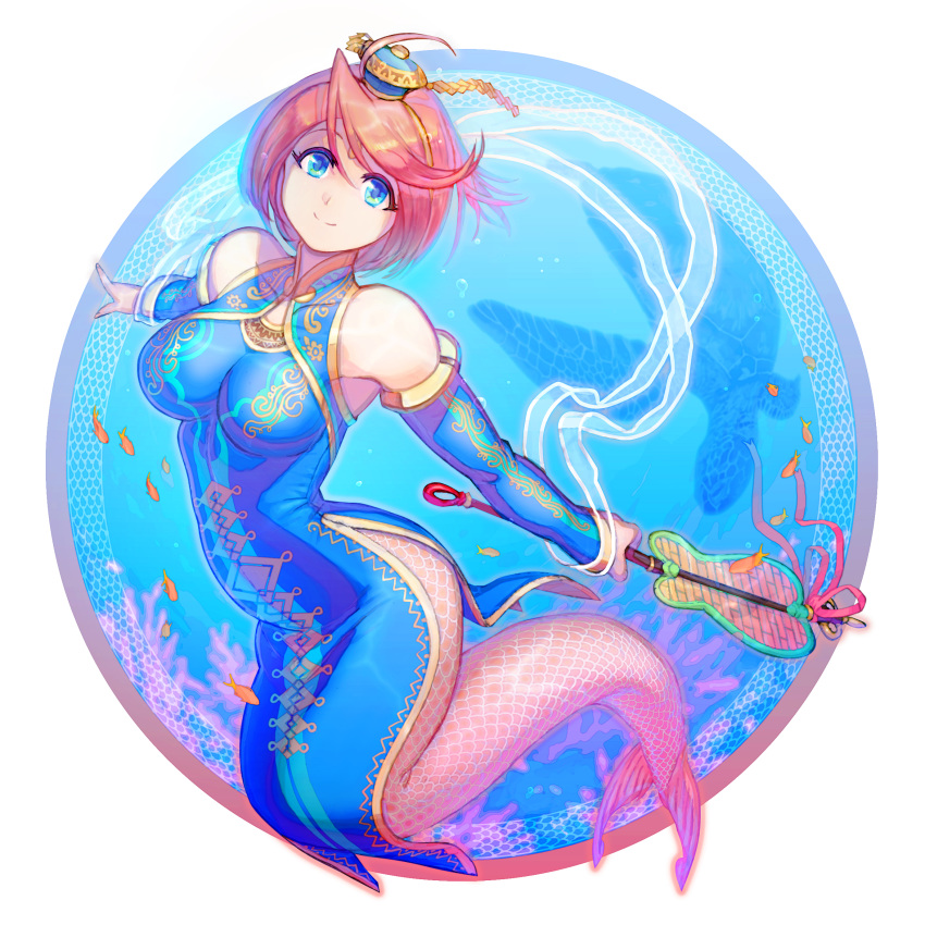 1girl, ahoge, air_bubble, bangs, bare_shoulders, blue_dress, blue_eyes, blue_sleeves