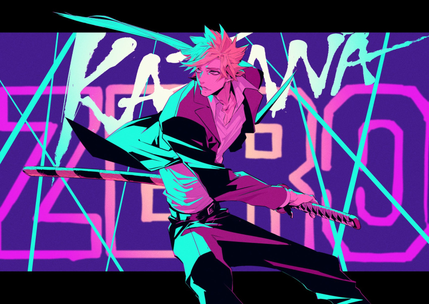 1boy, bangs, belt, black_jacket, black_pants, blonde_hair, collarbone, collared_shirt