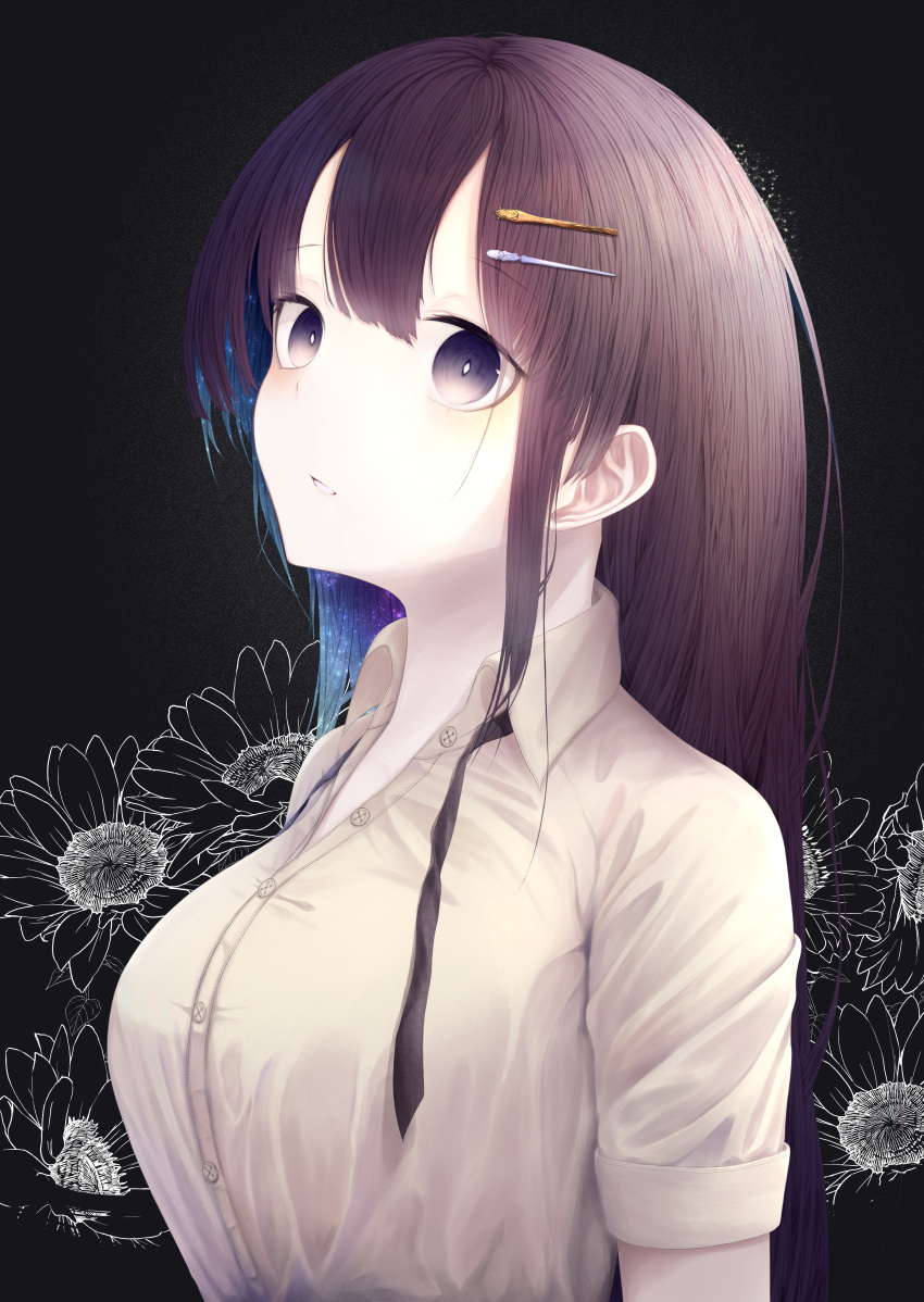 1girl, absurdres, asa-ai, bangs, blush, breasts, flower, hair_ornament