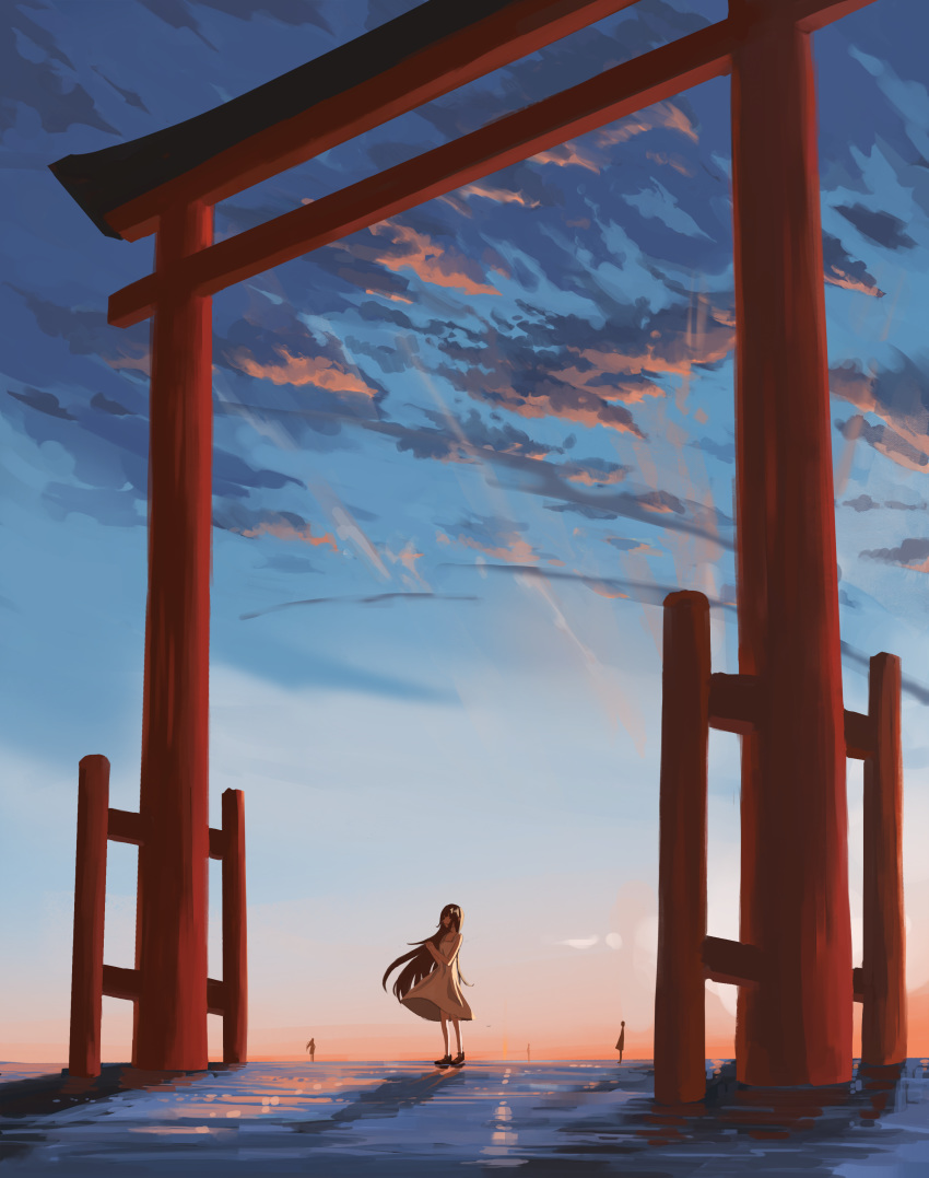 1other, 3girls, absurdres, bare_shoulders, black_eyes, brown_hair, clouds, cloudy_sky