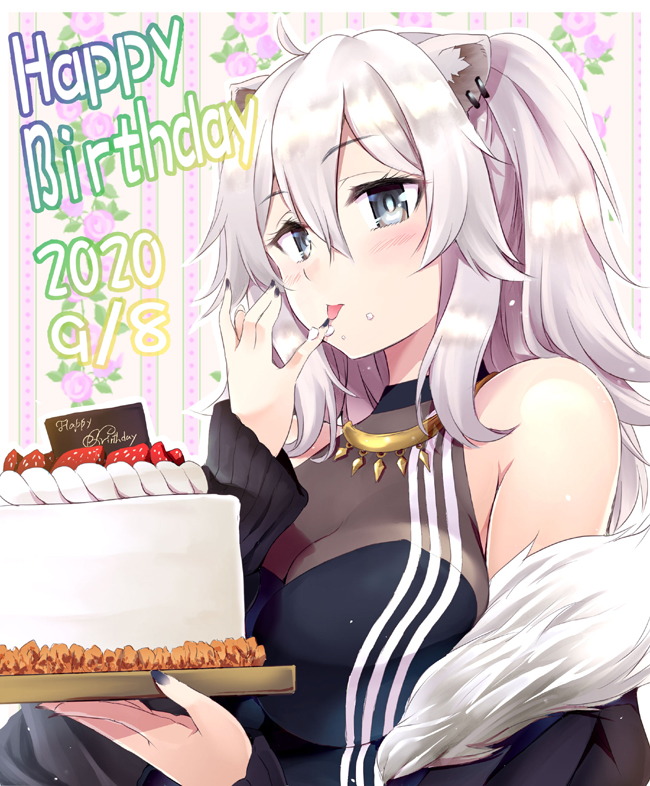 1girl, ahoge, animal_ear_fluff, animal_ears, bangs, bare_shoulders, black_jacket, black_nails