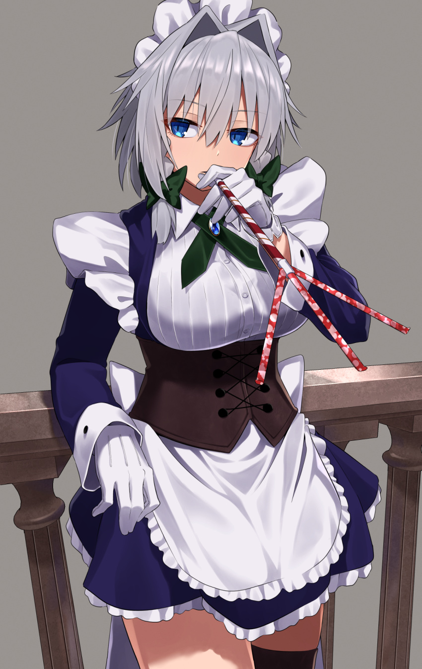 1girl, apron, bangs, blue_dress, blue_eyes, bodice, bow, braid, breasts, dress, eyebrows_visible_through_hair, frilled_dress, frills, gloves, green_bow, greenkohgen, grey_background, grey_hair, hair_bow, highres, izayoi_sakuya, large_breasts, long_sleeves, maid, maid_headdress, party_whistle, railing, simple_background, solo, touhou, twin_braids, white_apron, white_gloves
