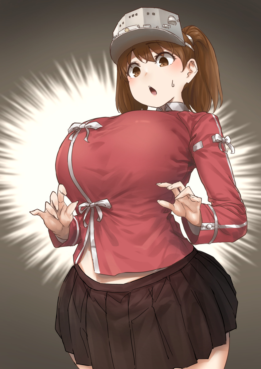 1girl, alternate_breast_size, bangs, black_skirt, blush, breasts, brown_eyes, brown_hair