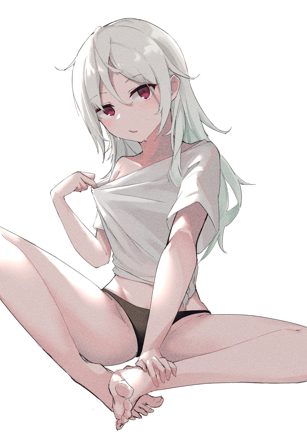 0shino, 1girl, barefoot, black_panties, butterfly_sitting, feet, highres, hot, long_hair, looking_at_viewer, no_pants, off_shoulder, original, panties, parted_lips, red_eyes, shirt, shirt_tug, short_sleeves, simple_background, solo, sweat, thighs, tied_shirt, underwear, white_background, white_hair, white_shirt