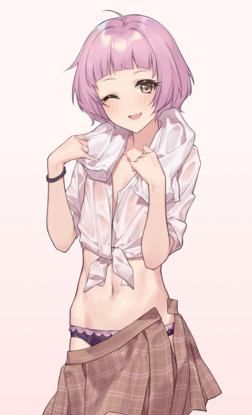 1boy, ;d, ahoge, bangs, black_panties, blunt_bangs, blush, brown_eyes