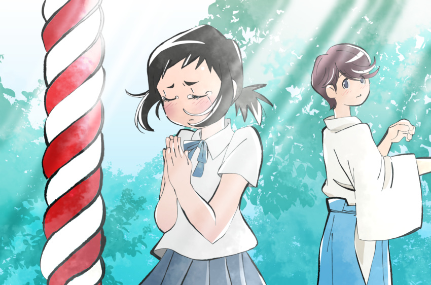 1boy, 1girl, amakasu_hisone, black_hair, blue_hakama, blue_ribbon, blush, brown_hair