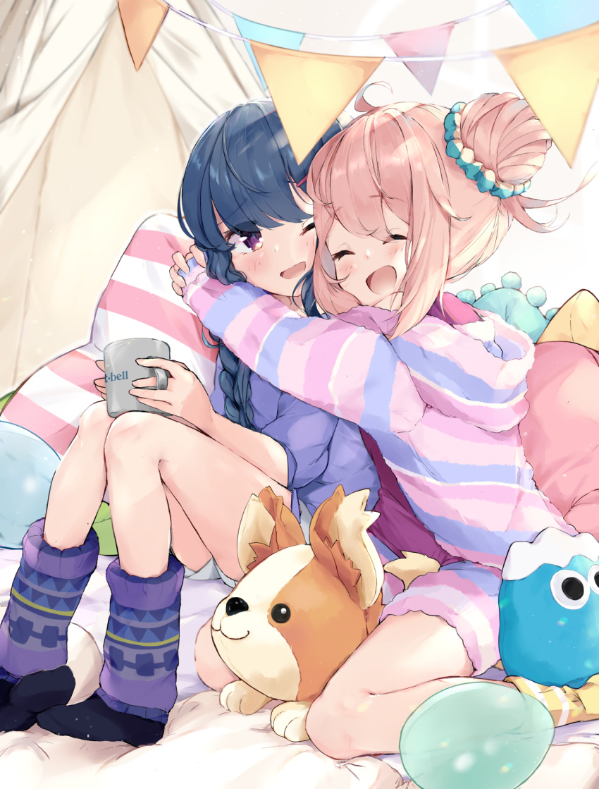2girls, :d, ;d, ^_^, alternate_hairstyle, bed, blue_hair, blush