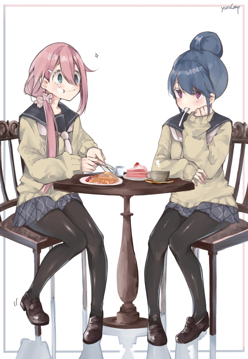 2girls, :t, absurdres, black_legwear, blue_eyes, blue_hair, cake, chair