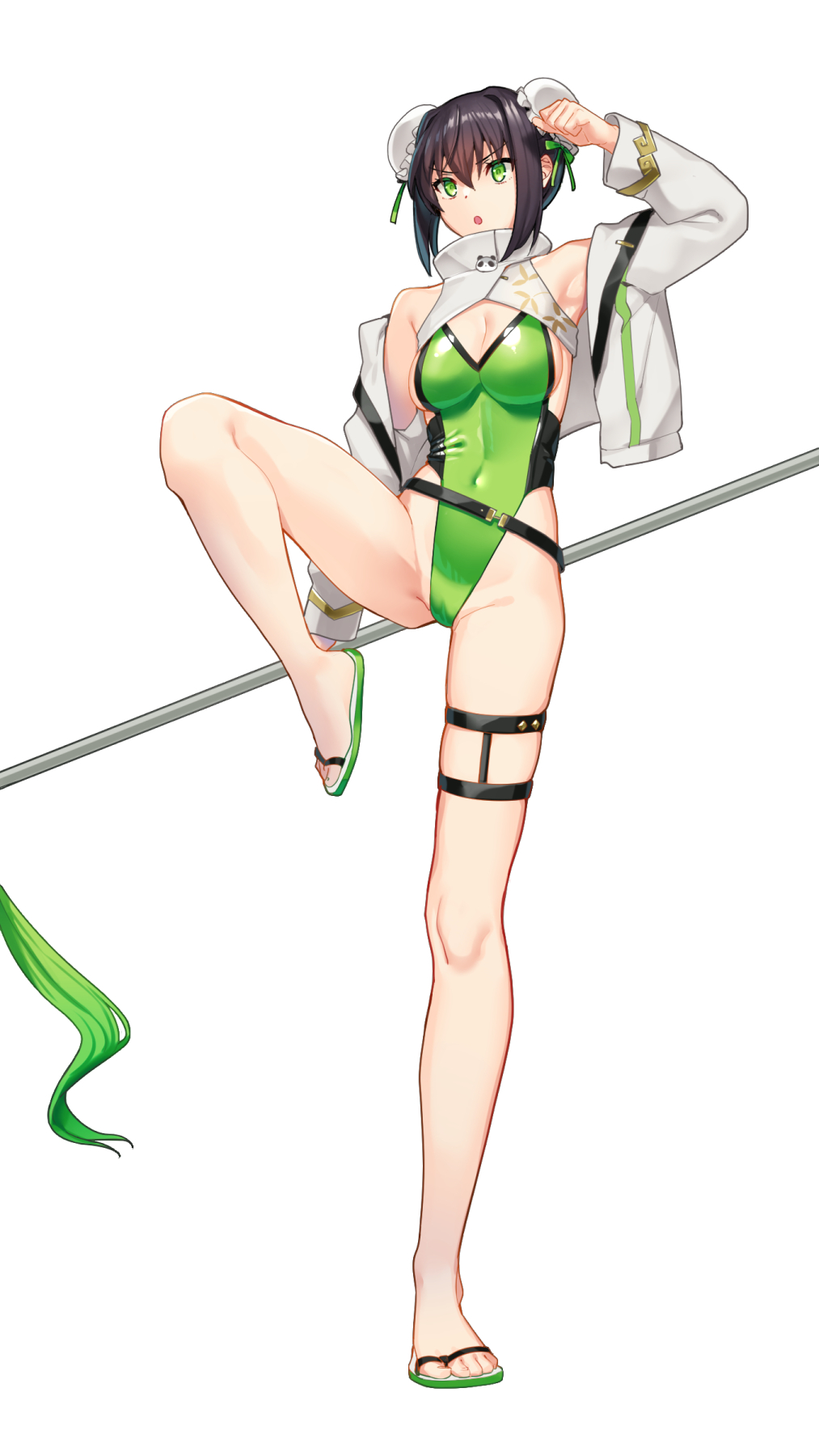 1girl, black_hair, breasts, bun_cover, chainsaw_of_the_dead, covered_navel, double_bun, fate/grand_order
