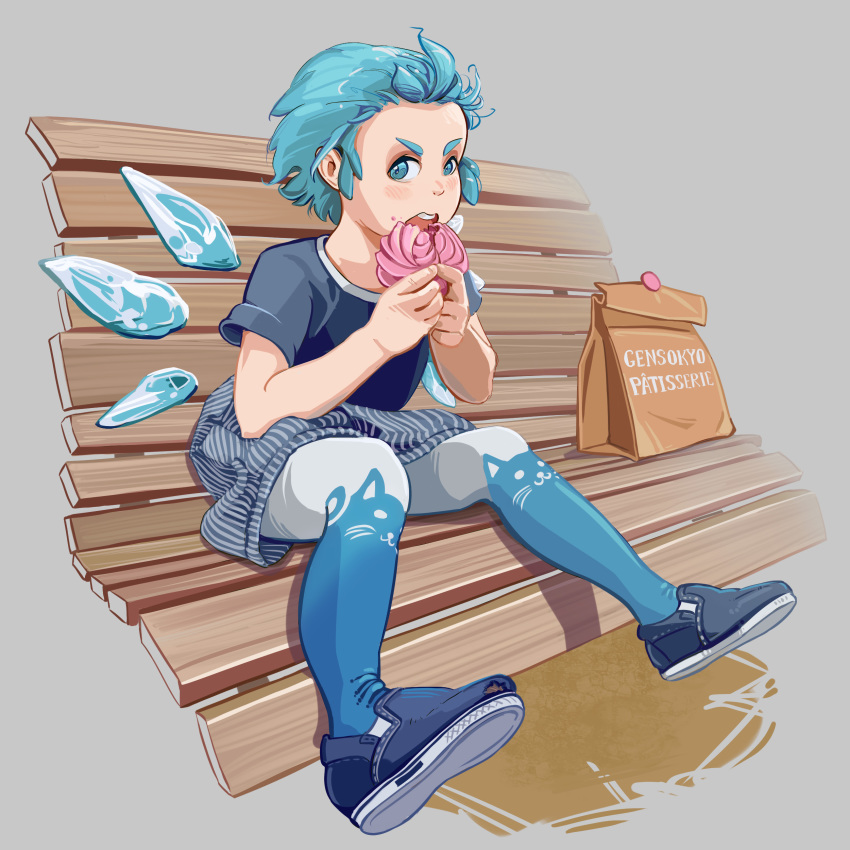 1girl, :3, absurdres, acrylic_paint_(medium), alternate_costume, animal_print, bag, bangs_pinned_back, bench, blue_eyes, blue_footwear, blue_hair, blue_legwear, blush, cat_print, cirno, eating, food, forehead, grey_background, hair_up, hands_up, highres, holding, holding_food, ice, ice_wings, looking_at_viewer, looking_to_the_side, open_mouth, pantyhose, paper_bag, pastry, shirt, shopping_bag, short_hair, short_sleeves, sideways_glance, simple_background, sitting_on_bench, solo, t-shirt, torn_shoes, touhou, traditional_media, two-tone_legwear, u-joe, upper_teeth, white_legwear, wings