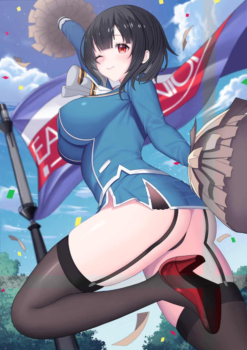 1girl, absurdres, arm_up, ass, black_hair, black_legwear, black_panties, blue_shirt