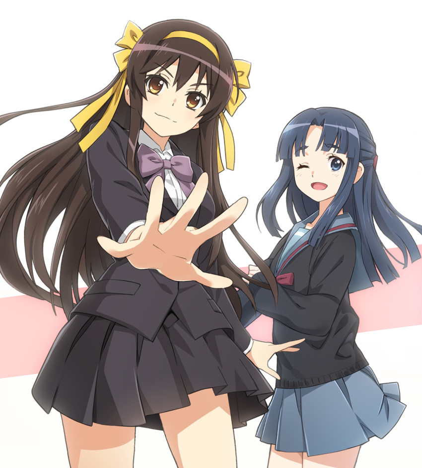 2girls, alternate_hair_length, alternate_hairstyle, asakura_ryouko, bangs, blazer, blue_eyes, blue_hair, blue_sailor_collar, blue_skirt, bow, brown_eyes, brown_hair, brown_jacket, brown_skirt, cardigan, closed_mouth, forehead, hair_between_eyes, highres, hime_cut, jacket, kita_high_school_uniform, kouyouen_academy_uniform, long_hair, long_sleeves, looking_at_viewer, multiple_girls, nagato_yuki-chan_no_shoushitsu, nyoro_(nyoronyoro000), one_eye_closed, open_mouth, purple_bow, red_ribbon, ribbon, sailor_collar, school_uniform, shirt, skirt, smile, suzumiya_haruhi, suzumiya_haruhi_no_shoushitsu, suzumiya_haruhi_no_yuuutsu, white_shirt