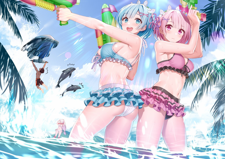 1boy, 3girls, akusema, arms_up, ass, bangs, bare_shoulders, bikini, bikini_skirt, blue_eyes, blue_hair, blue_skirt, blue_sky, blush, breasts, closed_mouth, clouds, day, dolphin, emilia_(re:zero), eyebrows_visible_through_hair, flower, frilled_skirt, frills, hair_flower, hair_ornament, highres, holding, holding_water_gun, jet_ski, light_frown, long_hair, looking_at_viewer, looking_back, male_swimwear, multiple_girls, natsuki_subaru, navel, ocean, open_mouth, outdoors, outstretched_arm, palm_tree, pink_eyes, pink_hair, pink_skirt, ram_(re:zero), re:zero_kara_hajimeru_isekai_seikatsu, rem_(re:zero), round_teeth, shiny, shiny_skin, short_hair, siblings, side-tie_bikini, sisters, skirt, sky, standing, sunlight, swim_trunks, swimsuit, swimwear, teeth, thighs, tree, upper_teeth, very_long_hair, wading, water, water_gun, white_bikini, x_hair_ornament