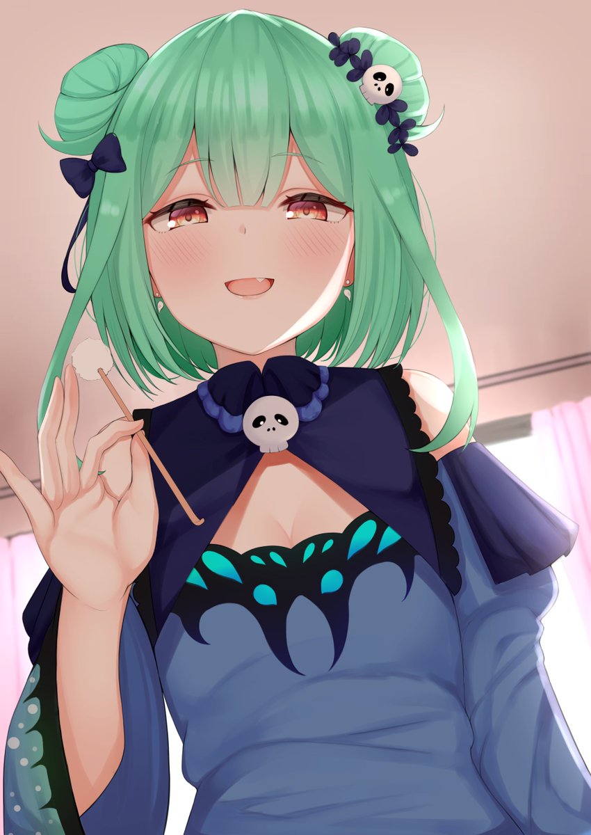 1girl, bangs, bare_shoulders, blue_dress, blush, detached_sleeves, double_bun, dress