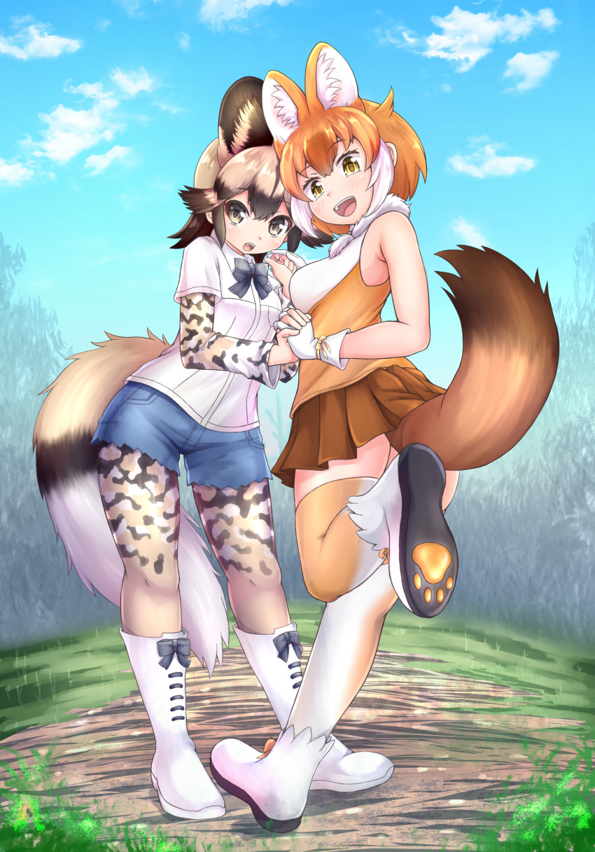 2girls, :d, african_wild_dog_(kemono_friends), african_wild_dog_print, animal_ear_fluff, animal_ears, animal_print, bare_arms